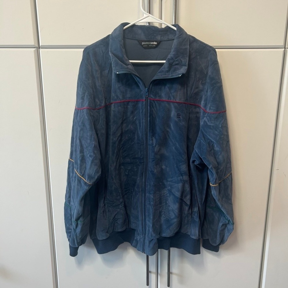 Pierre Cardin Vintage Blue Velour Track Jacket Full Zip Retro Piping Mens XL